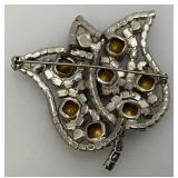 Vintage Rose Bud Brooch With Colored Rhinestones 2" x 2"