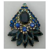 Vintage Multi Colored Blue Rhinestone Brooch 2" x 2 1/2"