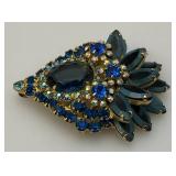 Vintage Multi Colored Blue Rhinestone Brooch 2" x 2 1/2"