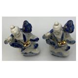 Vintage Porcelain Chinese Fisherman Figurines Blue And White With Gold Accents 7"