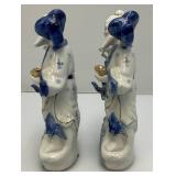 Vintage Porcelain Chinese Fisherman Figurines Blue And White With Gold Accents 7"