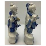 Vintage Porcelain Chinese Fisherman Figurines Blue And White With Gold Accents 7"