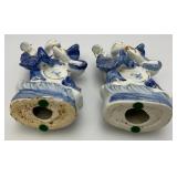 Vintage Porcelain Chinese Fisherman Figurines Blue And White With Gold Accents 7"