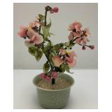 Vintage Asian Chinese Bonsai Jade, Agate And Glass Flowers In Celadon Vase Pot 9 3/4" Tall