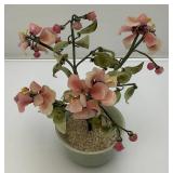 Vintage Asian Chinese Bonsai Jade, Agate And Glass Flowers In Celadon Vase Pot 9 3/4" Tall