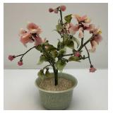 Vintage Asian Chinese Bonsai Jade, Agate And Glass Flowers In Celadon Vase Pot 9 3/4" Tall