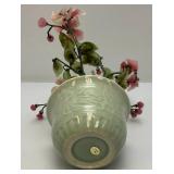Vintage Asian Chinese Bonsai Jade, Agate And Glass Flowers In Celadon Vase Pot 9 3/4" Tall