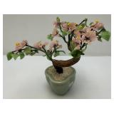 Vintage Asian Chinese Bonsai Jade, Agate And Glass Flowers In Celadon Vase Pot 9 1/2" Tall