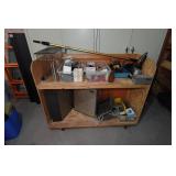 Wood Rolling Shelf with Contents - Tools, Vintage Akai Speakers