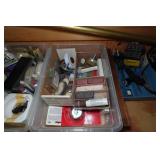 Wood Rolling Shelf with Contents - Tools, Vintage Akai Speakers