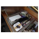 Wood Rolling Shelf with Contents - Tools, Vintage Akai Speakers