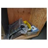 Wood Rolling Shelf with Contents - Tools, Vintage Akai Speakers