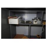 Desk with Cabinets and Contents - Camera Parts, Pocket Watches, Tools