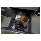 Desk with Cabinets and Contents - Camera Parts, Pocket Watches, Tools
