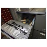 Desk with Cabinets and Contents - Camera Parts, Pocket Watches, Tools