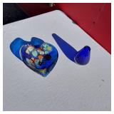 Heart Shaped Glass Bowl with Multi-Colored Inclusions, Blue Glass Vase with Dot Patterns
