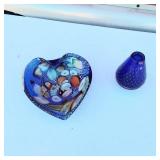 Heart Shaped Glass Bowl with Multi-Colored Inclusions, Blue Glass Vase with Dot Patterns