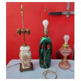 Lot of 3 Different Vintage Table Lamps - Oil Lamp Design, Artsy Green, Colorful Lamp with Brass Like Base