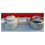 White Enamelware and Aluminum Tea or Coffee Kettle