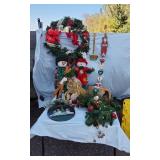 Lot of Christmas Decorations including Wreath, Snowman Figures, and Angel Topper