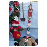 Lot of Christmas Decorations including Wreath, Snowman Figures, and Angel Topper
