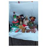 Assorted Christmas Decorations including Plush Moose Toys, Snowman, Big Mouse, Ribbons, and Baskets