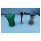 Green Glass Vase, Tall Red Glass Jack in the Pulpit style Vase, and Mosaic Ceramic Vase Set