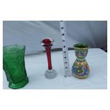 Green Glass Vase, Tall Red Glass Jack in the Pulpit style Vase, and Mosaic Ceramic Vase Set