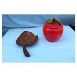 Apple-Shaped Cookie Jar and Wooden Leaf Bowl