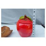 Apple-Shaped Cookie Jar and Wooden Leaf Bowl