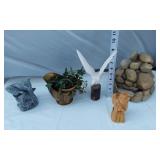 Lot of Decorative Items Including Gold Vase with Ivy, White Bird Sculpture, Stone Fountain, and Wood Carving