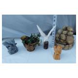 Lot of Decorative Items Including Gold Vase with Ivy, White Bird Sculpture, Stone Fountain, and Wood Carving