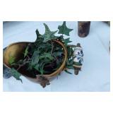 Lot of Decorative Items Including Gold Vase with Ivy, White Bird Sculpture, Stone Fountain, and Wood Carving