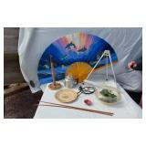 Dolphin Decor Fan, Vintage Plate, Drumsticks, and Other Decorative Items