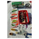 Assorted household and miscellaneous items including fabrics, salsa mix, weights, tobacco tubes, and small tools