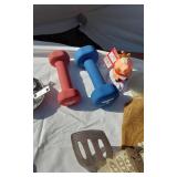 Assorted household and miscellaneous items including fabrics, salsa mix, weights, tobacco tubes, and small tools