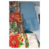 Lot of Tablecloths and Linens including DesignWare Plastic Tablecover, Various Patterns, and Colors