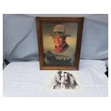 Framed John Wayne Portrait and Cowboy and His Horse Sketch
