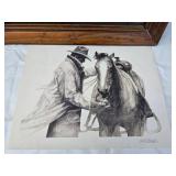 Framed John Wayne Portrait and Cowboy and His Horse Sketch