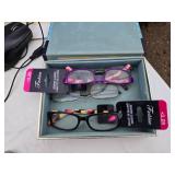 Assorted Household and Craft Items including Reading Glasses, Fabric Roll, Coffee Can, Storage Bags, and More