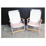Pair of Vintage Woven Webbing Folding Patio Chairs with Wooden Arms