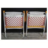 Pair of Vintage Woven Webbing Folding Patio Chairs with Wooden Arms