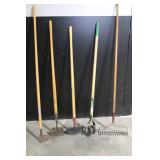 Large Assortment of Lawn and Garden Tools Including Rakes, Shovels, Hoes, and Brooms