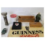 Vintage Household Lot with Guinness Bar Towel, Kraft Cheese Box, Tools and Collectibles