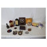 Mixed Lot of Military Plaques, Game Sets, Patches, and Small Collectibles