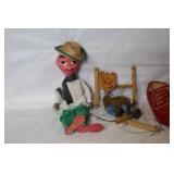 Red Dutch Wooden Clogs Pair with Vintage Marionette Puppets