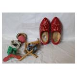 Red Dutch Wooden Clogs Pair with Vintage Marionette Puppets