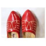 Red Dutch Wooden Clogs Pair with Vintage Marionette Puppets