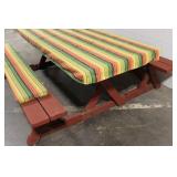 Rectangular Wooden Picnic Table with Benches and Striped Cushions