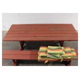 Rectangular Wooden Picnic Table with Benches and Striped Cushions